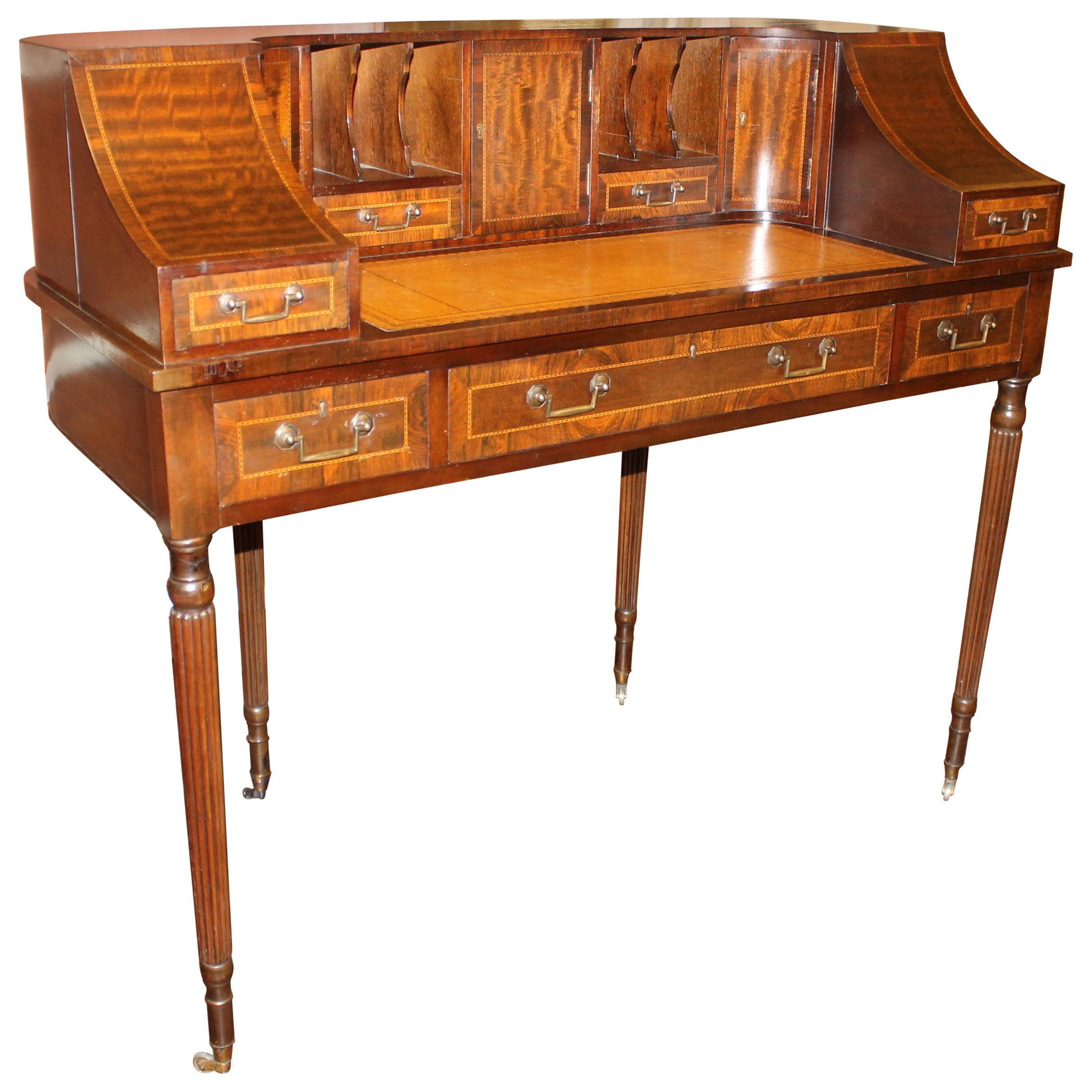 Rare Old English Inlaid Mahogany Leather Top Carlton House Style Desk