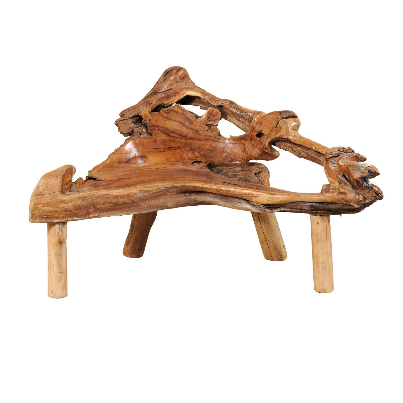 Teak Root and Limb Bench with Angular Shape and Live Edges For Sale