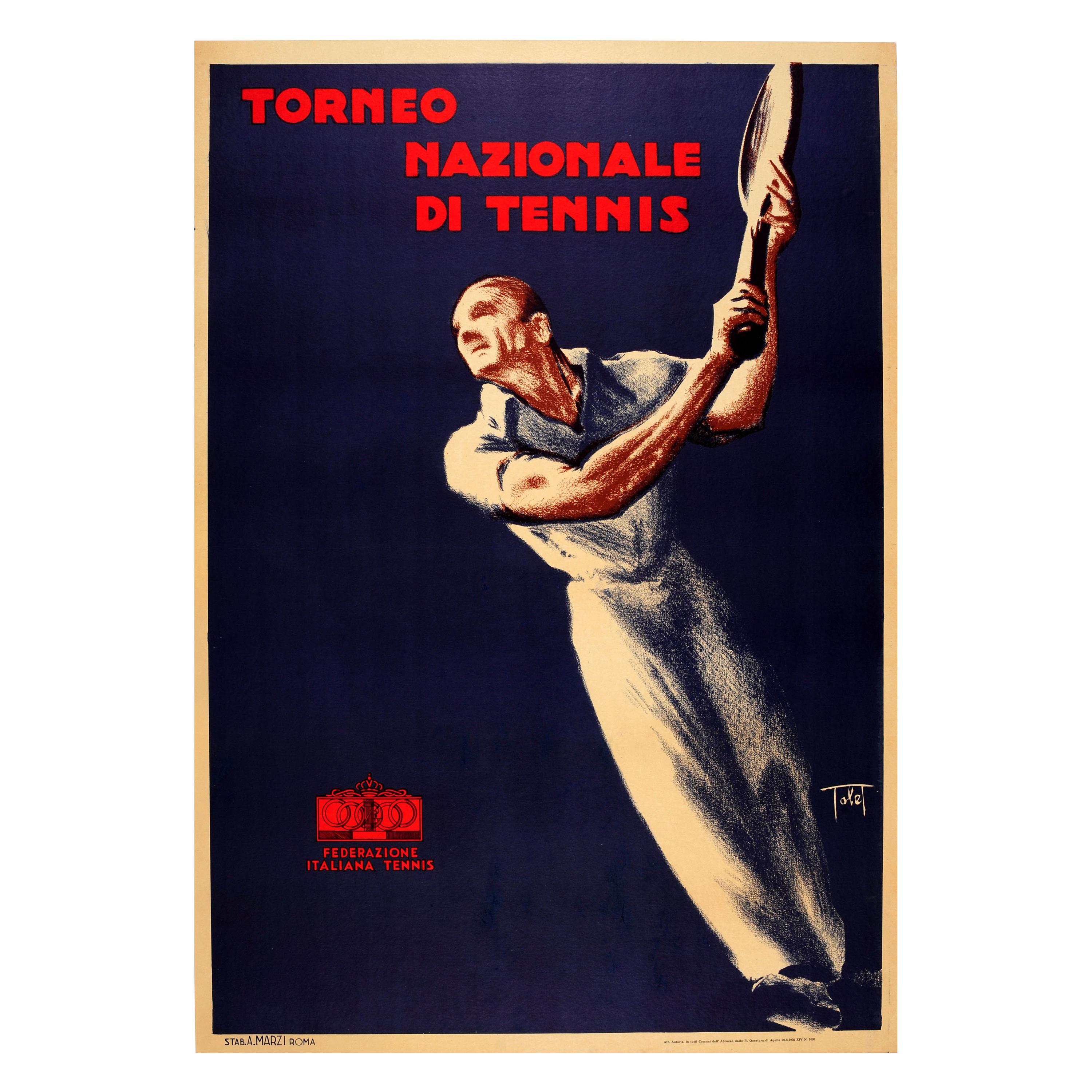 Original Vintage Art Deco Style Sport Poster Torneo Nazionale Di Tennis Italy