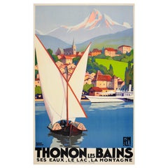Original Vintage Art Deco Reiseplakat von Broders für Thonon Les Bains PLM Rail