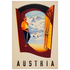 Original Vintage Austria Winter Sport & Skiing Travel Poster Skier Mountain View