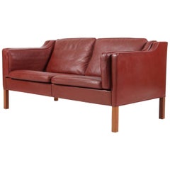 Børge Mogensen Two-Seat Sofa, Model 2212, Original Indian Red Leather