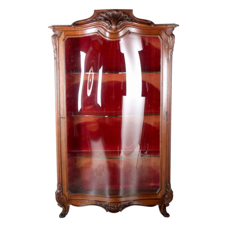 French Art Nouveau Carved Walnut Vitrine China Cabinet from Paris