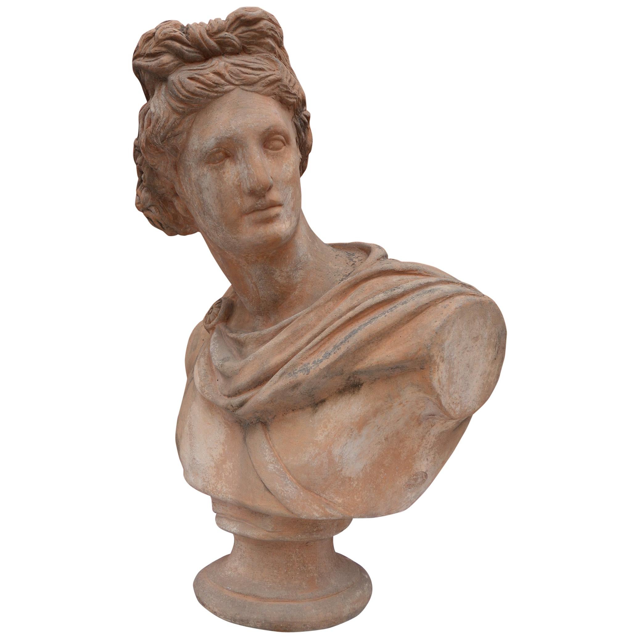 19th Century Italian Renaissance Style Old Impruneta Terracotta Bust of Apollo