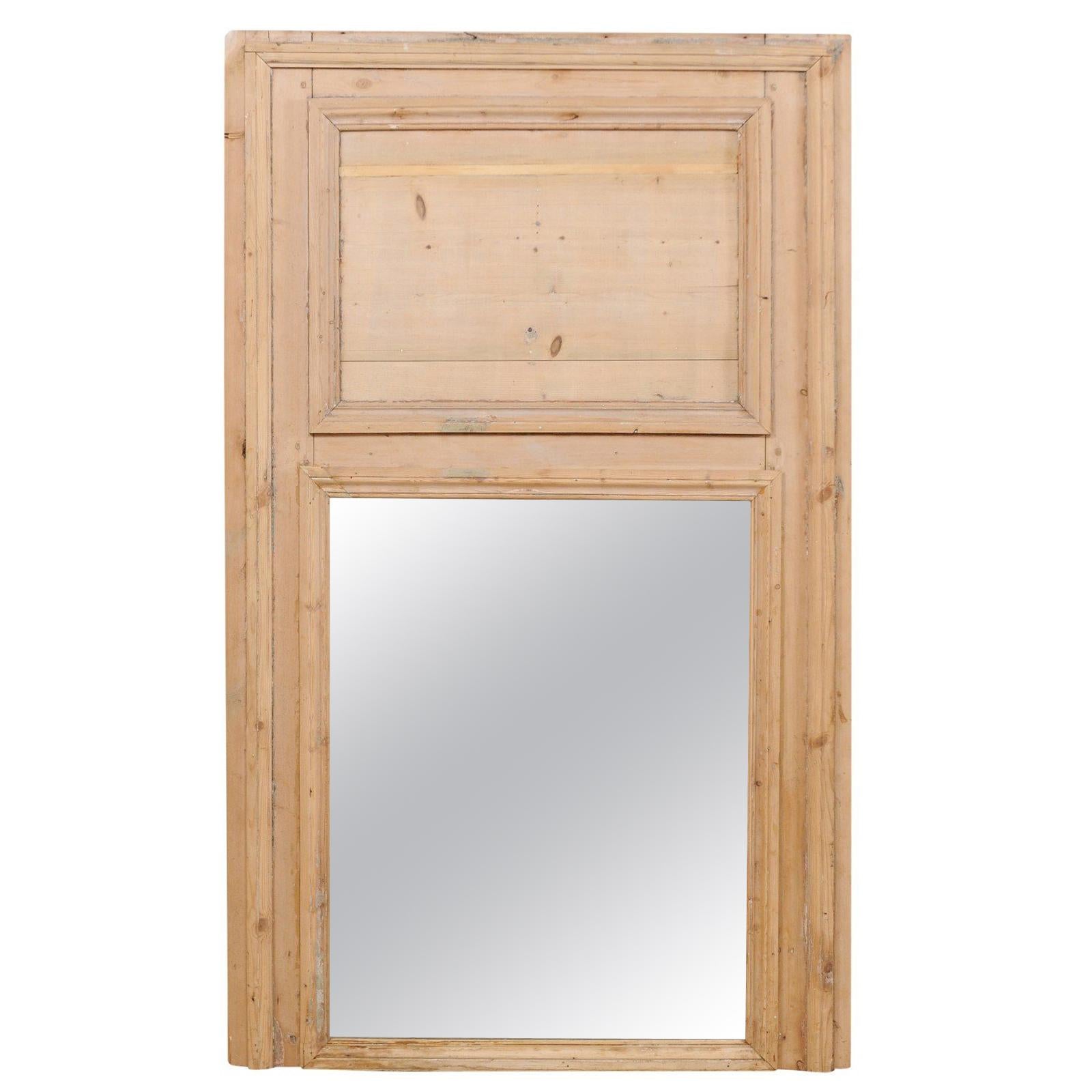 19th Century French Natural Wood Trumeau Mirror, 5.5 Ft Tall