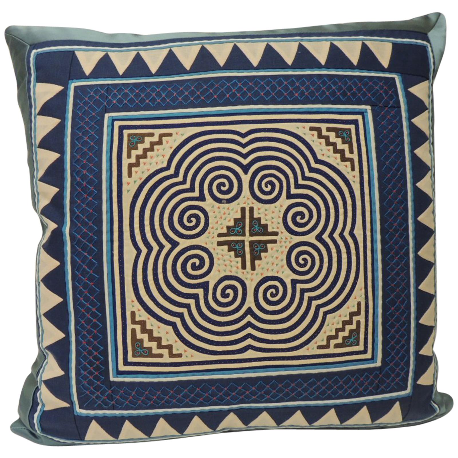 Vintage Asian Blue and Purple Applique Embroidered Square Pillow