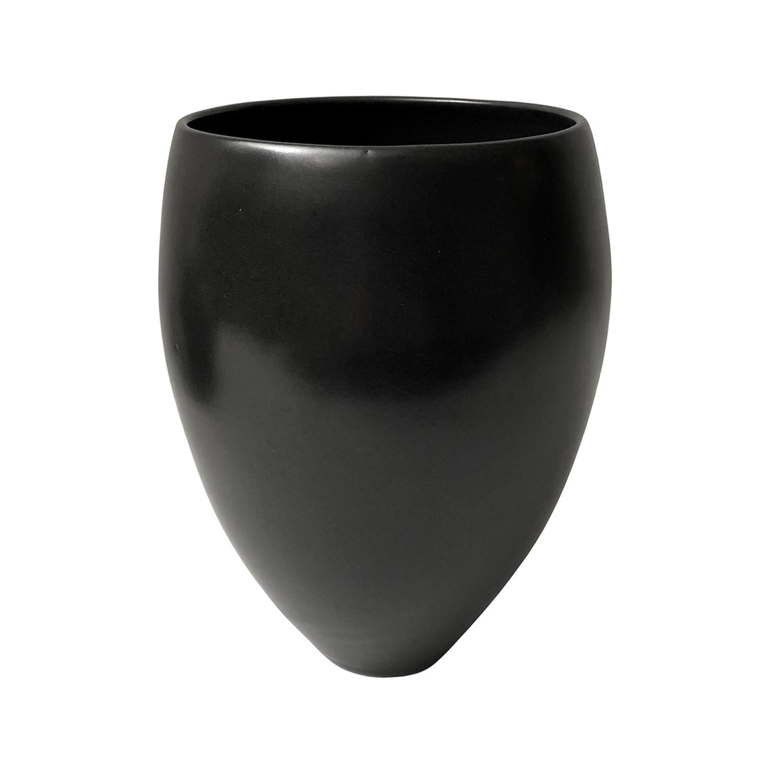 Curved Ceramic Vase with Black Lustre Glaze and Pointed Base by Sandi Fellman For Sale
