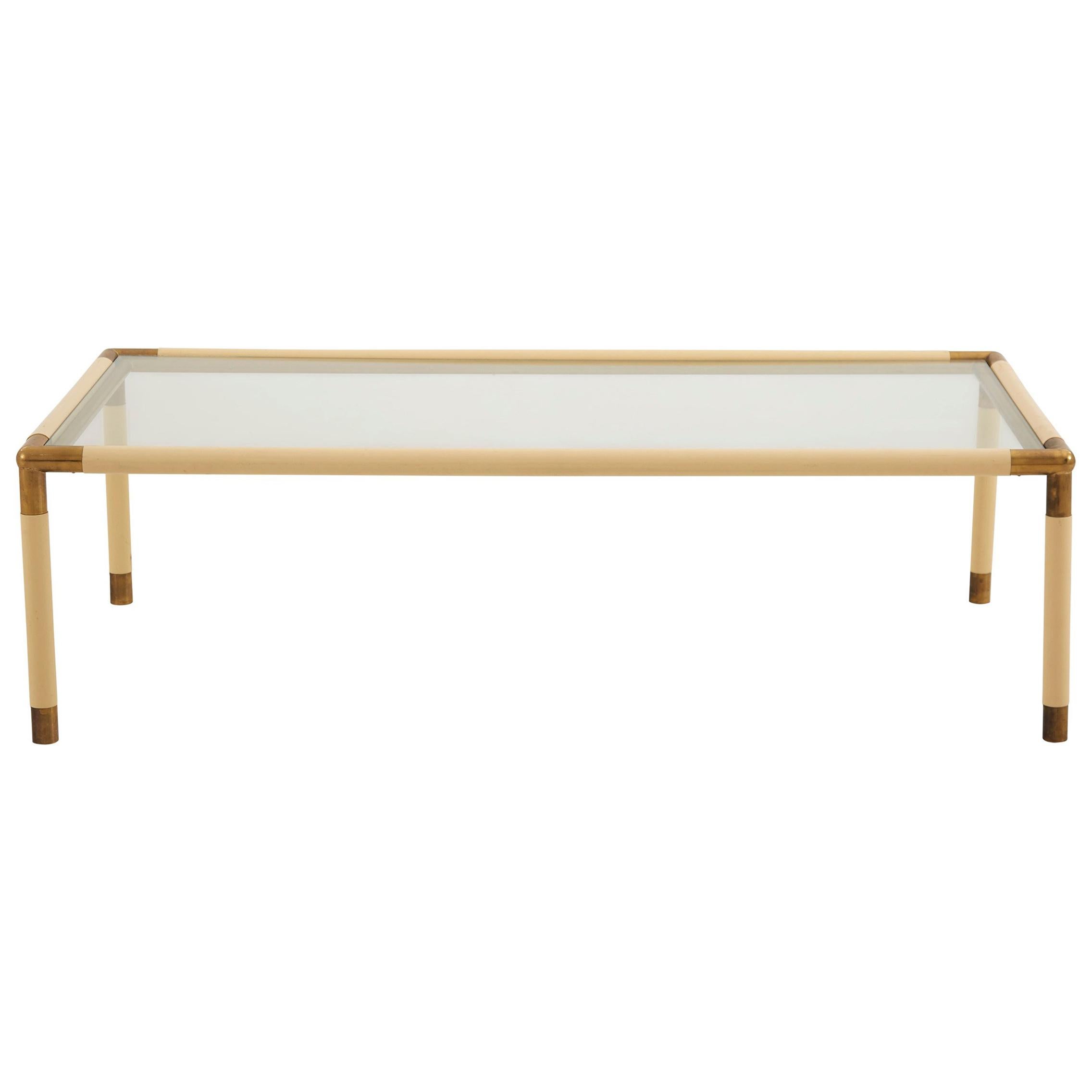 Cream-Colored Metal Coffee Table with Brass Details