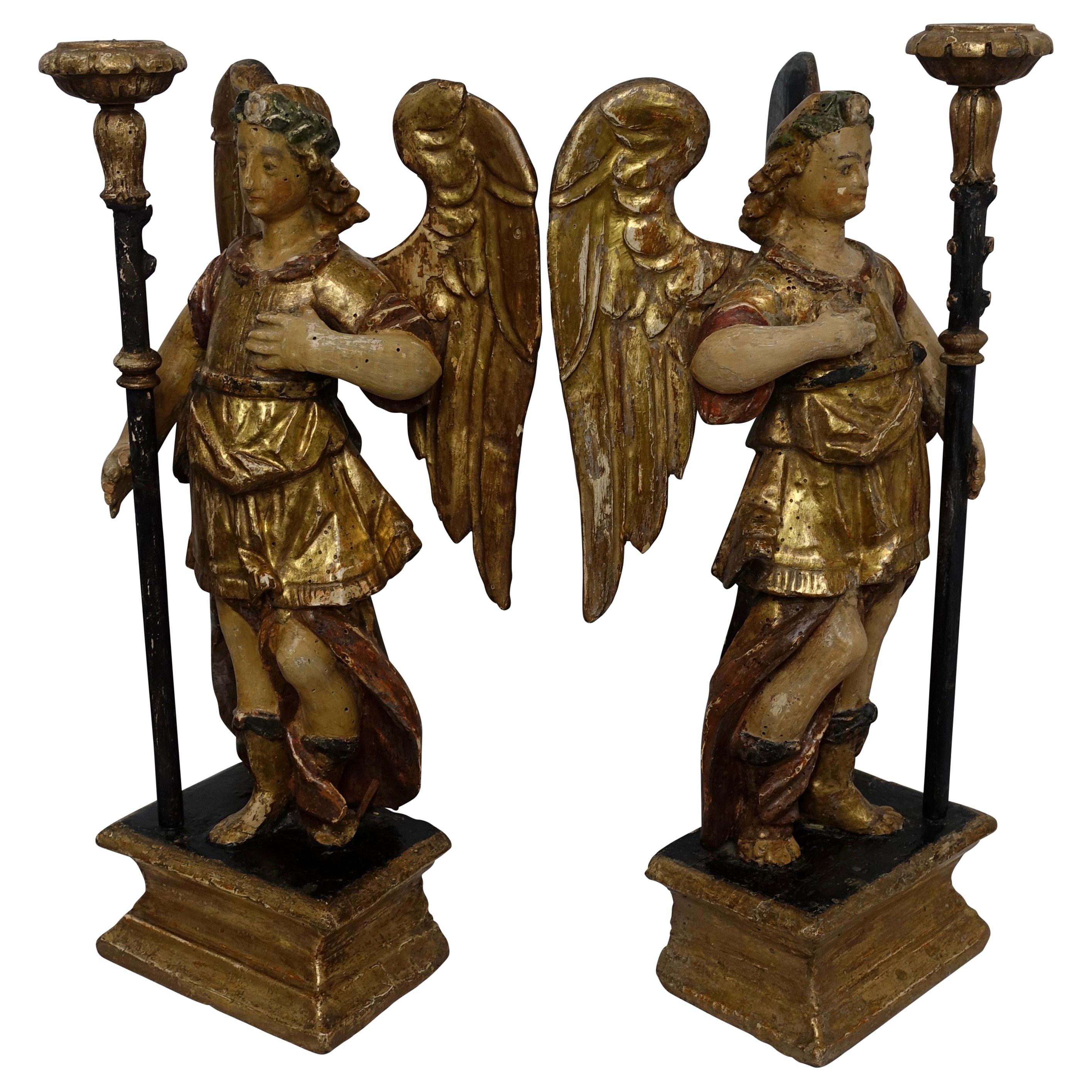 Spanish Colonial Carved and Painted Angel Candleholders, Late 18th Century For Sale