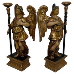 Spanish Colonial Carved and Painted Angel Candleholders, Late 18th Century