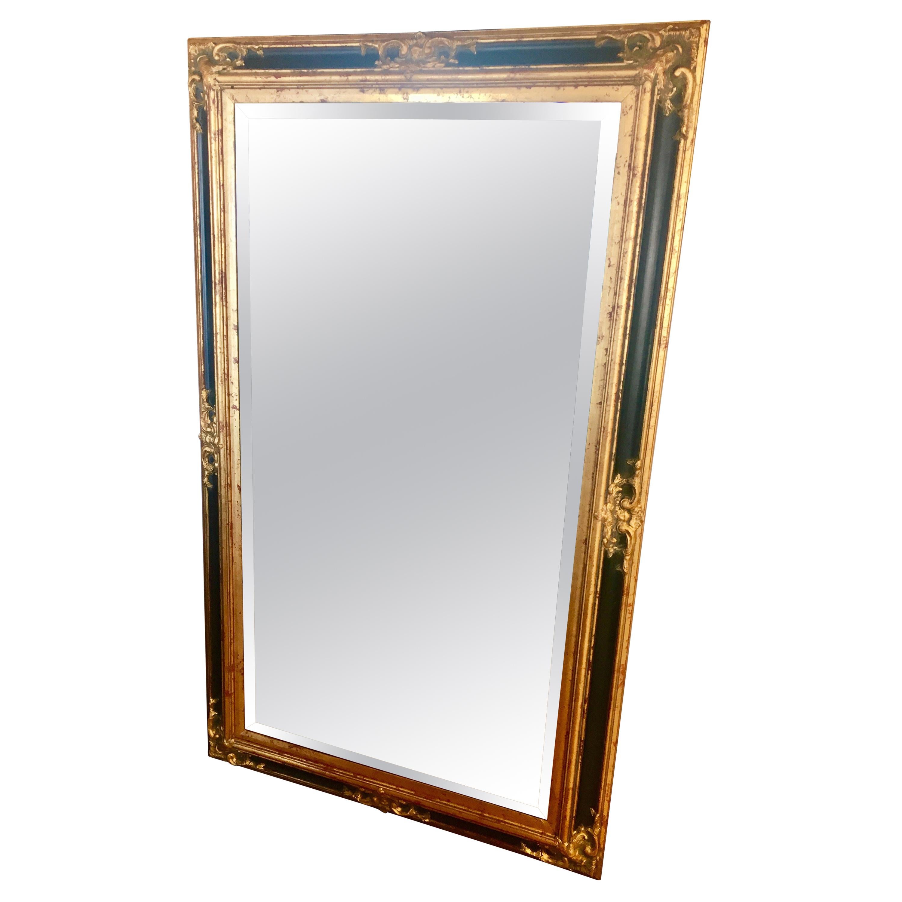 Monumental Large Full Length Neoclassical Beveled Floor Mirror Black and Gold
