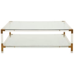 Midcentury Square Lucite and Brass Coffee Table