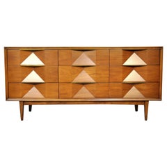 Mid-Century Modern Diamond Front Walnut and Brass Triple Dresser