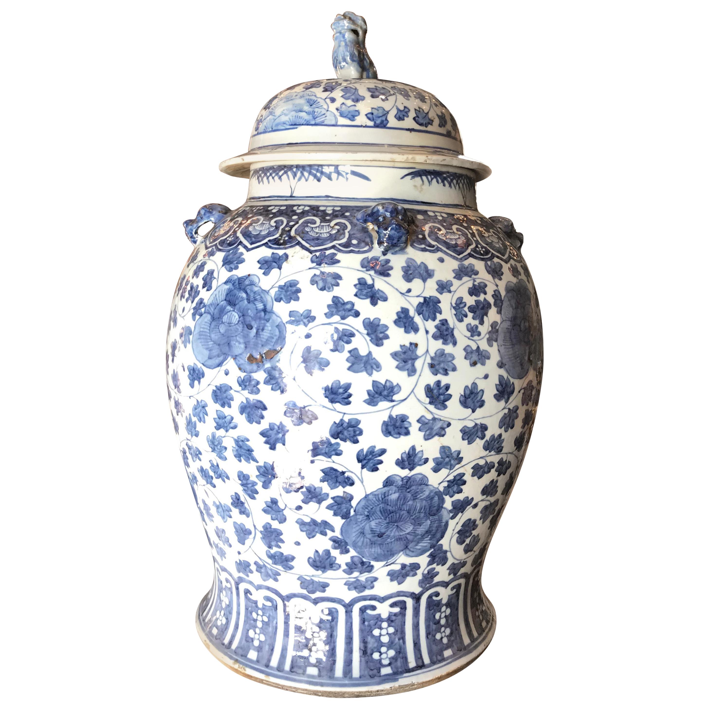 Beautiful Antiqued Blue and White Porcelain Temple Jar Floral Motif 
