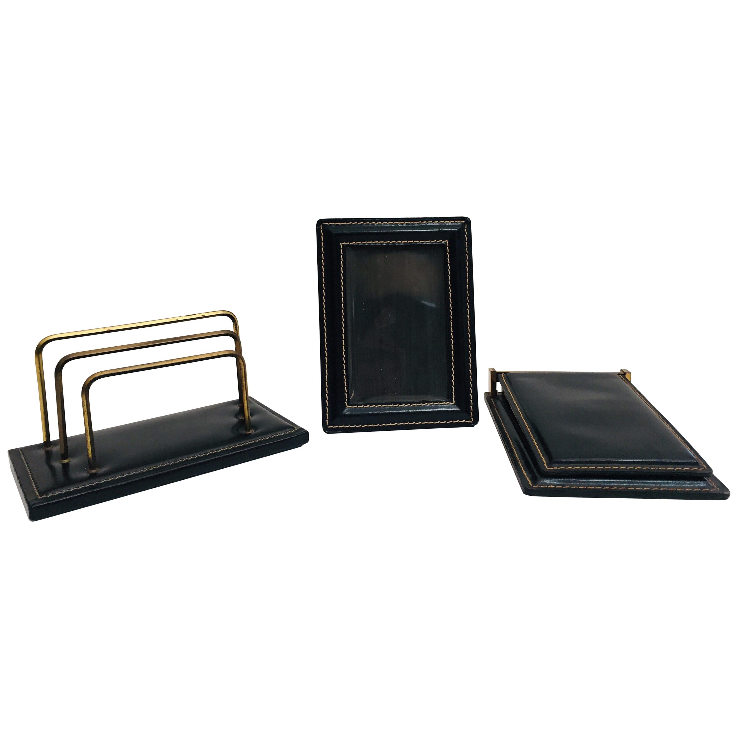 Vintage Desk Set, Black Leather and Brass Letter Rack, Picture Frame and Notepad