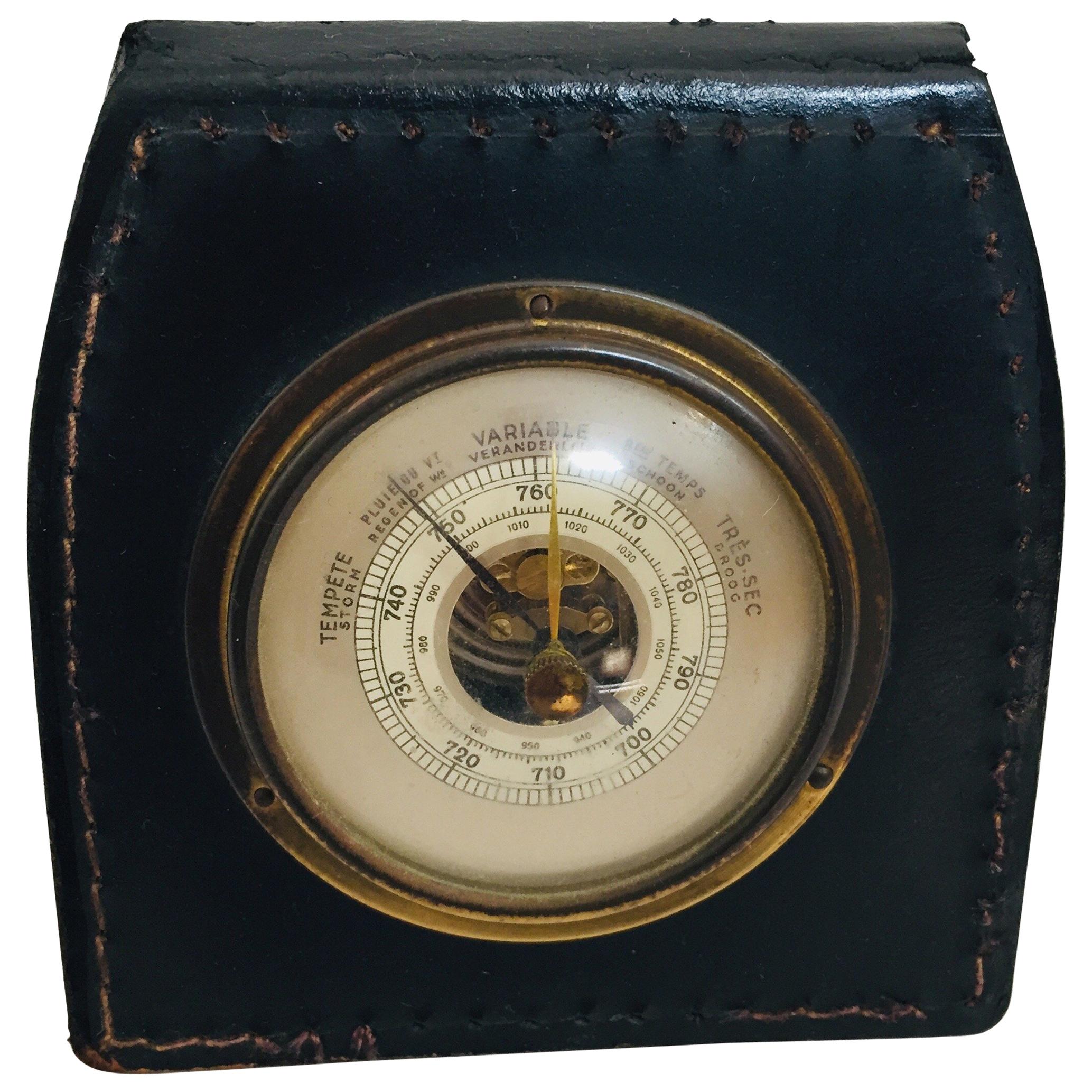 Brass Barometer with Readings in French Wrapped in Black Leather, Adnet Style