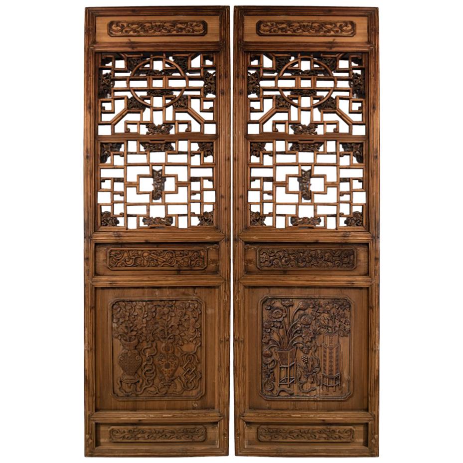 Antique Chinese Wooden Architectural Pair of Screen Doors