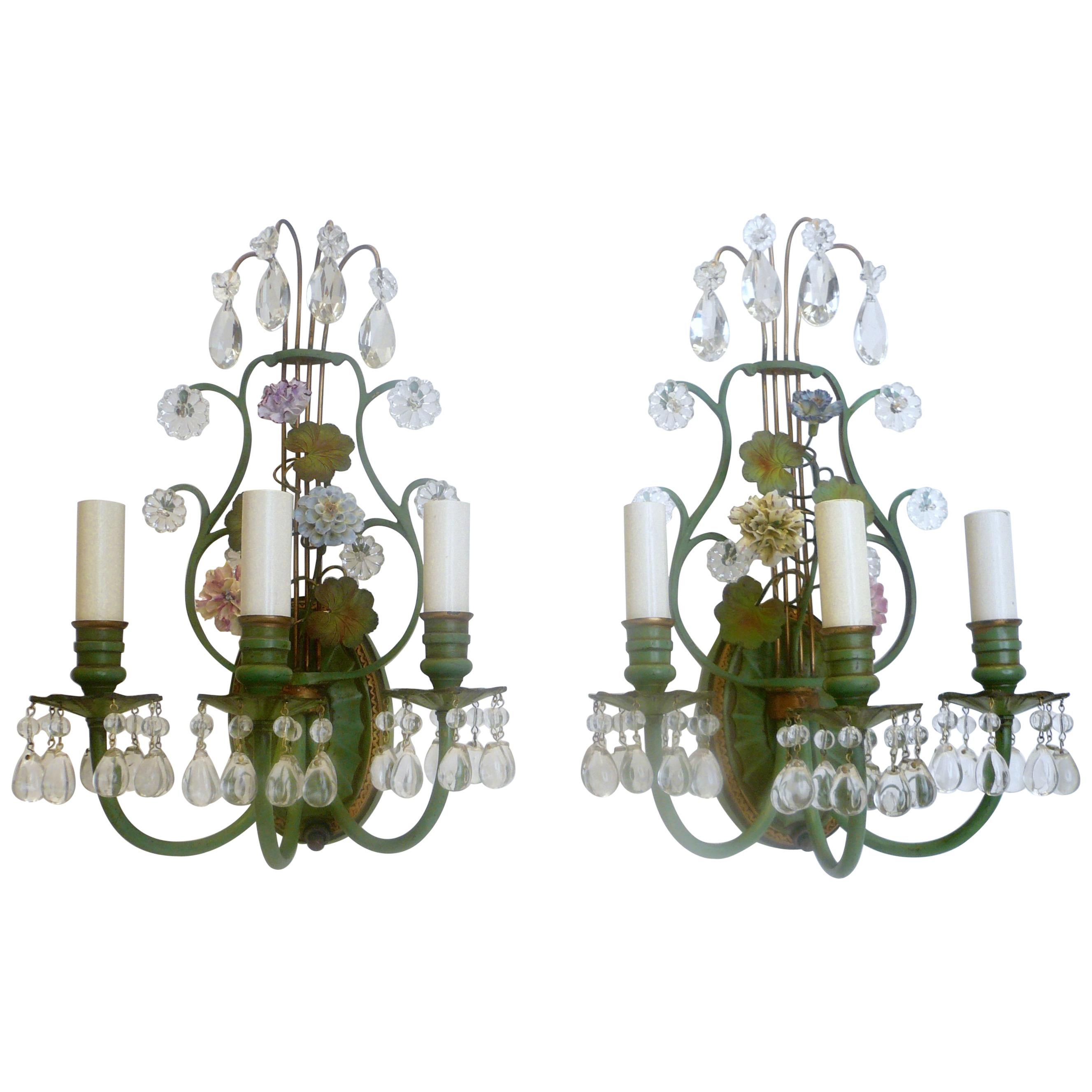 Pair of Polychrome Enameled Bronze and Porcelain Flower Lyre Form Sconces For Sale