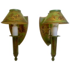 Pair Green Tole Sconces with Hand Painted Landscapes