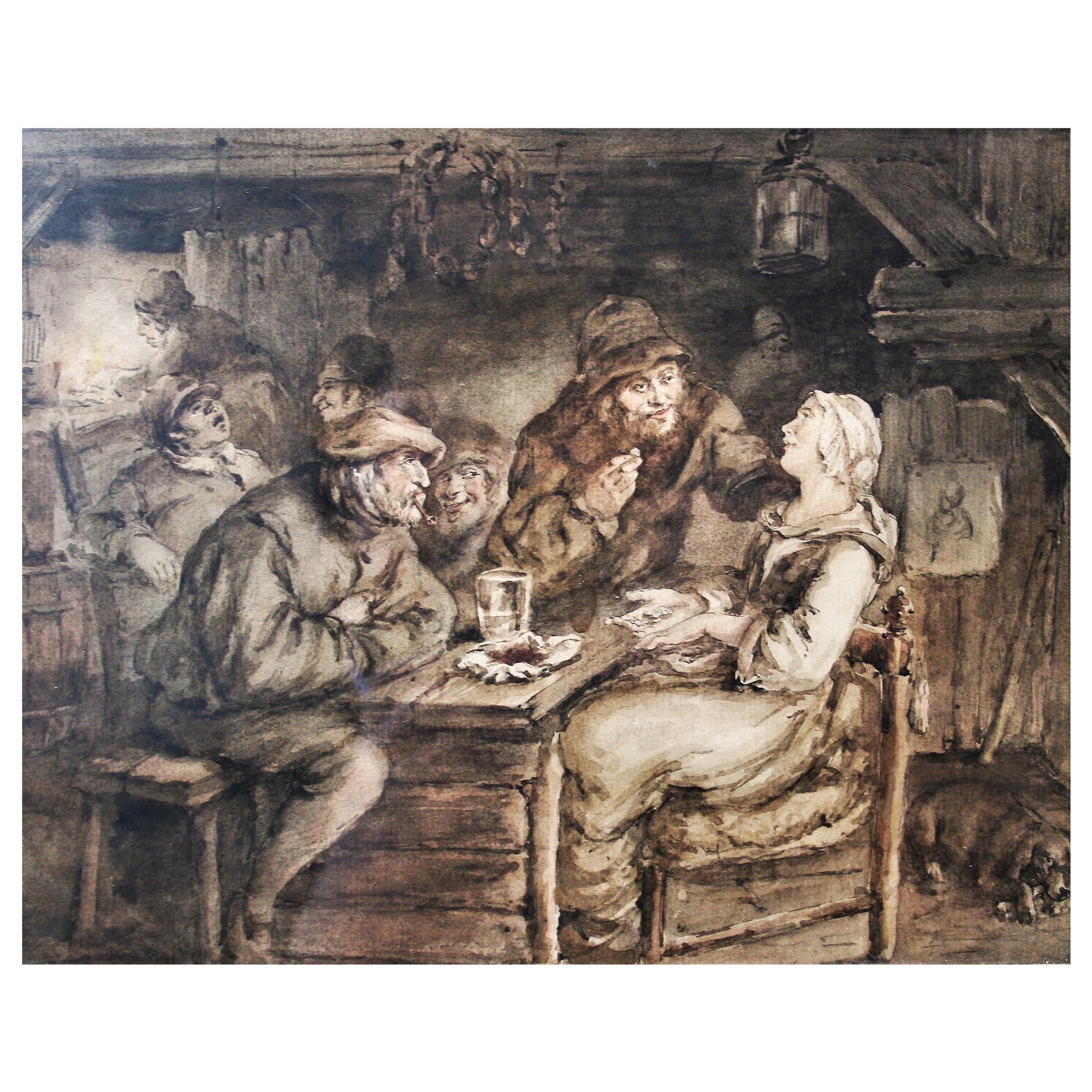 Tavern Scene from the Flemish School Ink Wash 19th Century