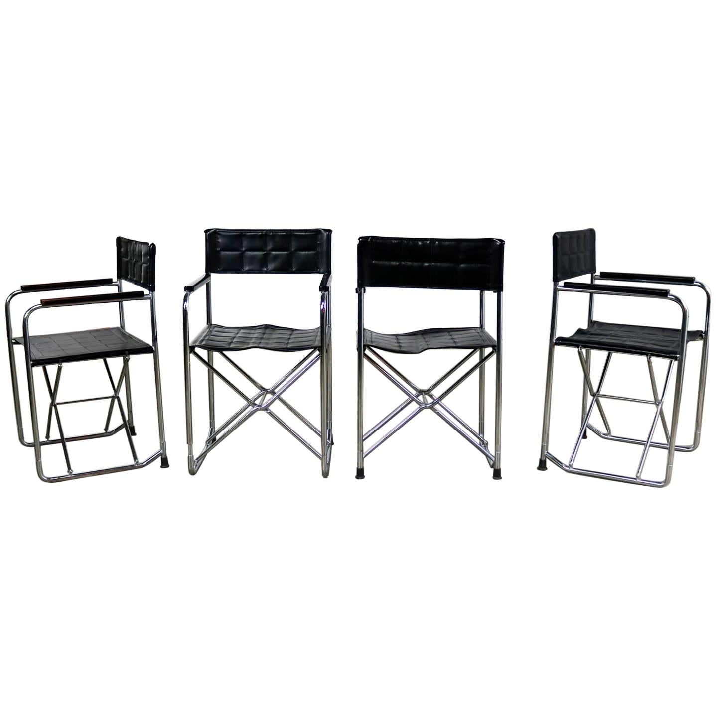 Folding Campaign Style Director’s Chairs Black Vinyl & Chrome Style Gae Aulenti
