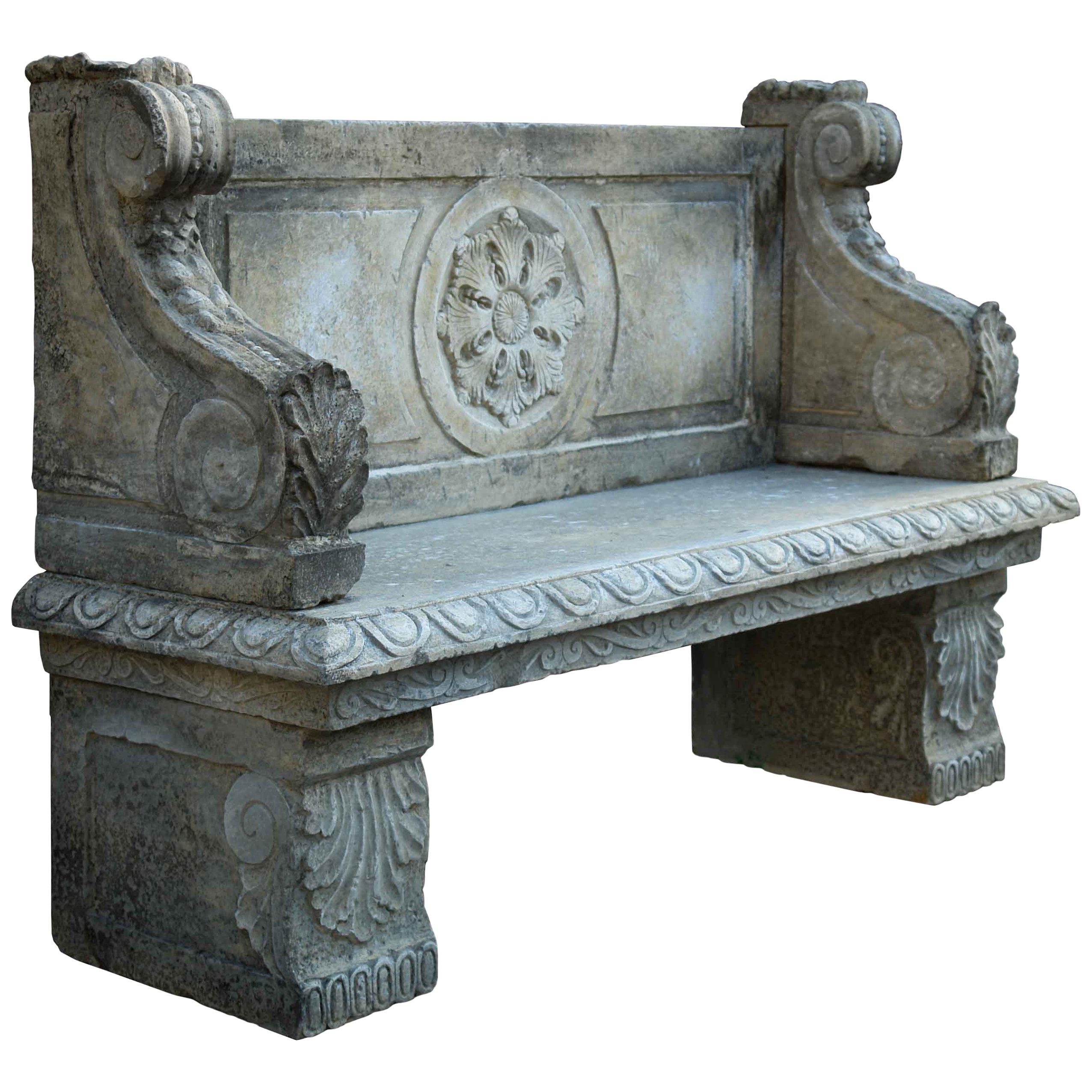 Italian Renaissance Style Bench Hand-carved in Limestone For Sale