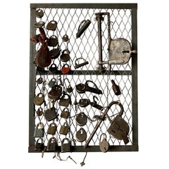 Mid-Century Modern Wall Art of a Collection of 39 Chain Locks in a Metal Frame