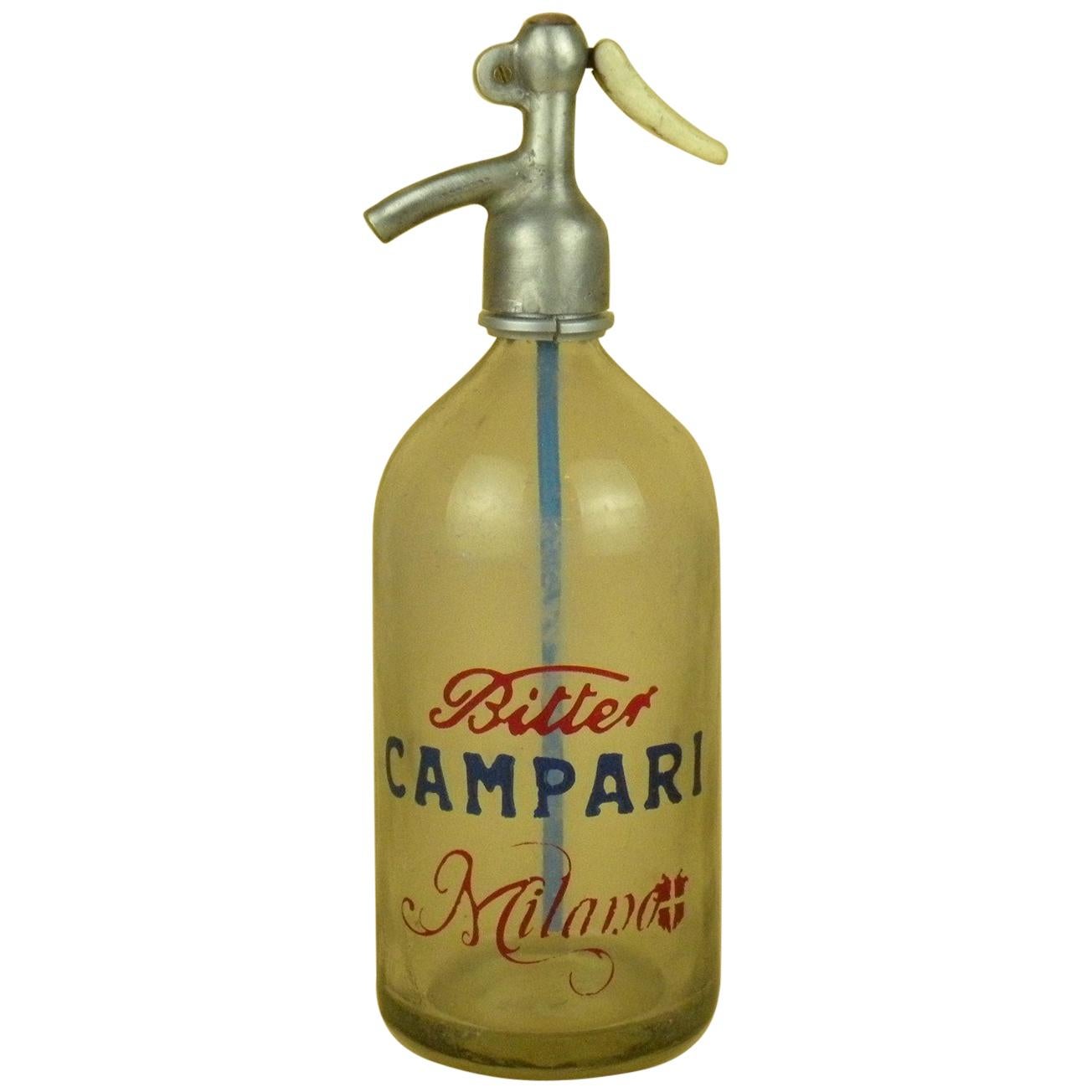 1950s Glass Italian Vintage Soda Syphon Seltzer Bitter Campari Milano Bar Bottle For Sale