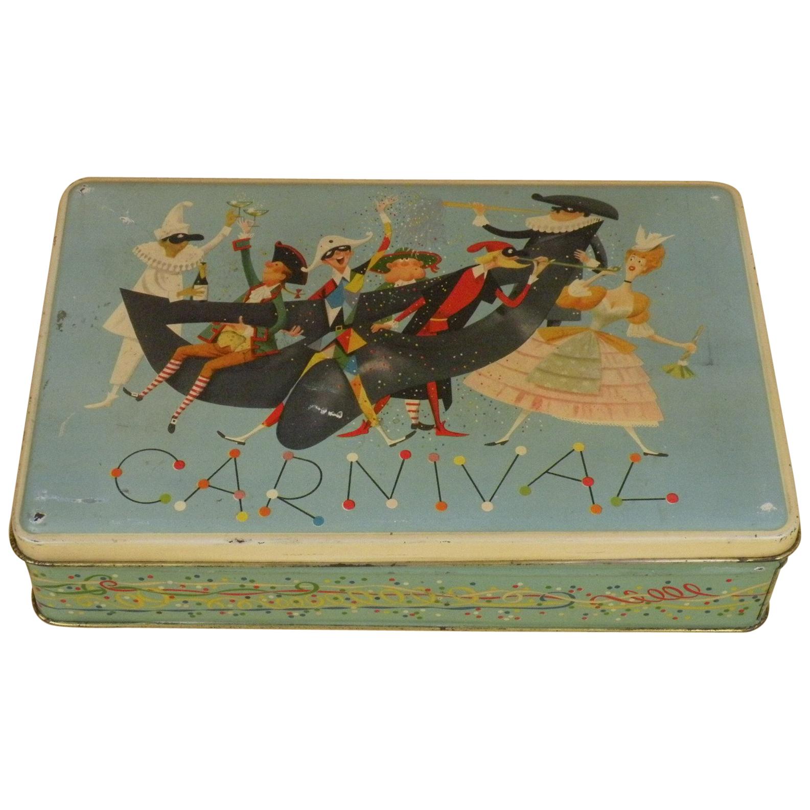 1950s Vintage Italian Carnival Edition Screen Printed Pavesi Biscuits Tin Box For Sale