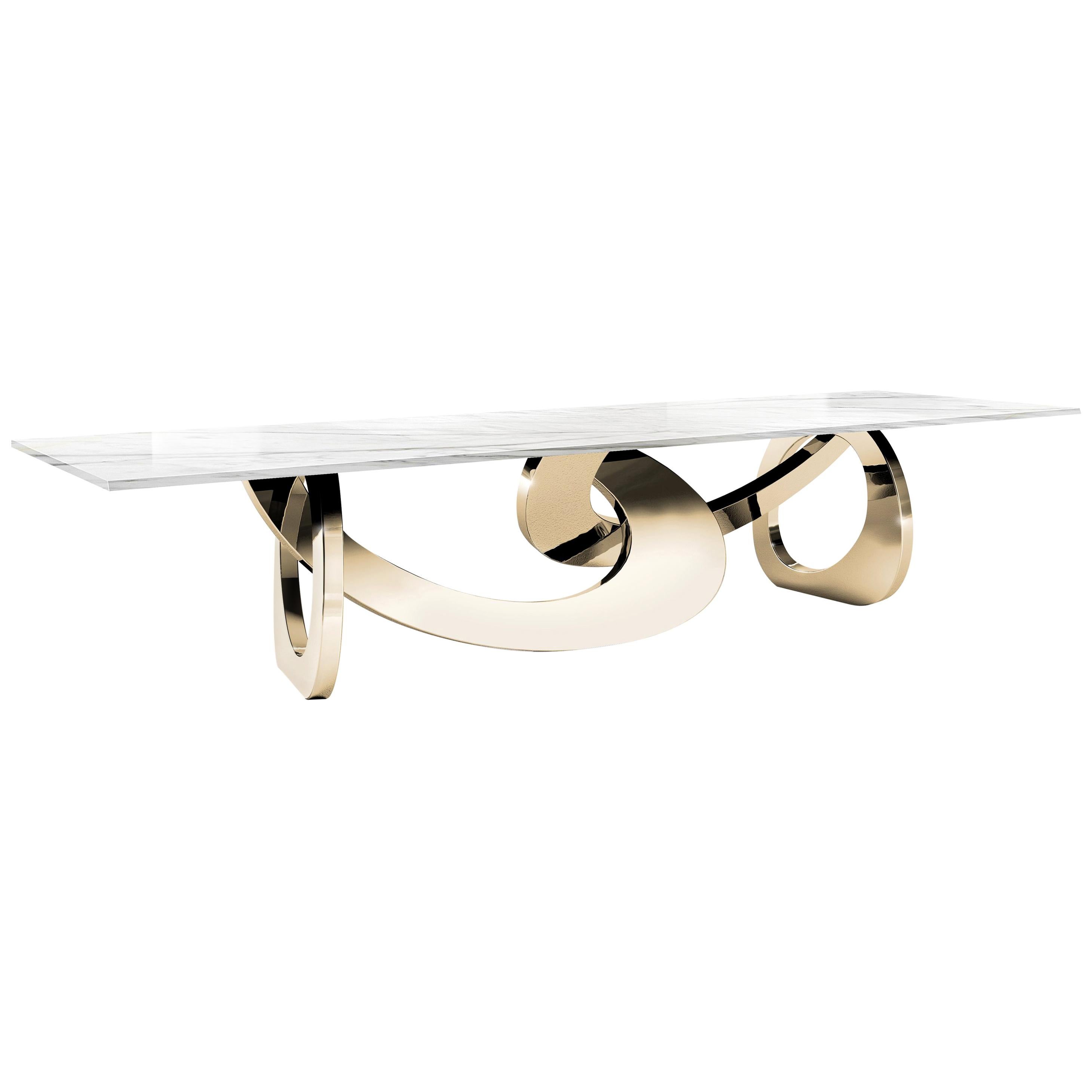 Dining Table Sculptural 24 Kt Gold Mirror Steel Base White Carrara Marble Top For Sale