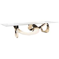 Dining Table Sculptural 24 Kt Gold Mirror Steel Base White Carrara Marble Top