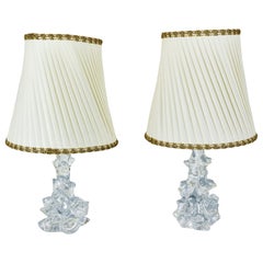 Vintage Two Charles Schneider Crystal Glass Table Lamps and Original Fabric Shades 1960s