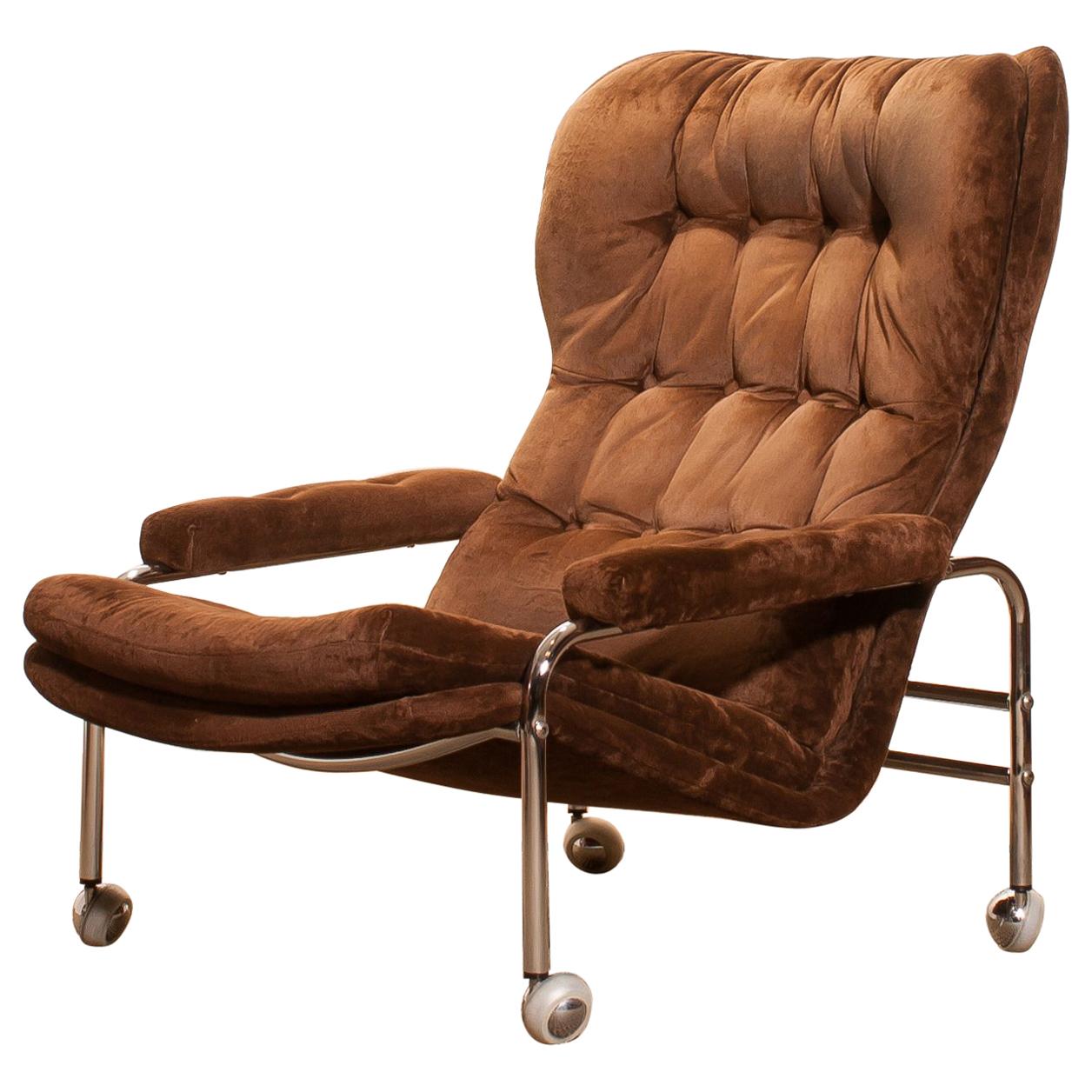 Chrome and Brown Velours Fabric Lounge Chair by Scapa Rydaholm, Sweden