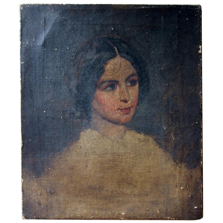 Mid-19th Century Unfinished English School Portrait of a Young Lady