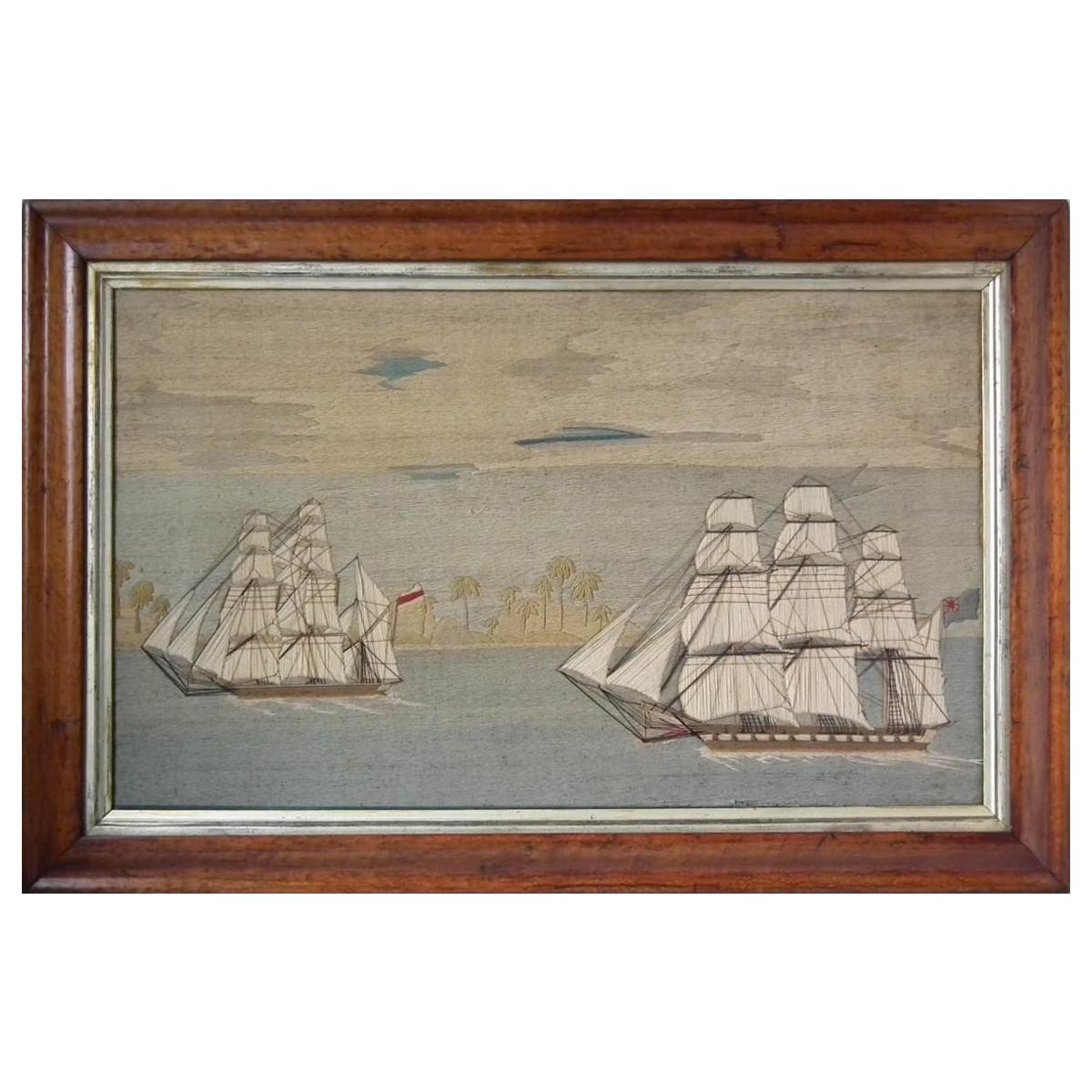 Sailor's Woolwork Picture of Two Ships in Tropical Waters