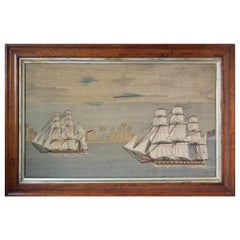 Sailor's Woolwork Picture of Two Ships in Tropical Waters