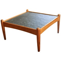 Square Midcentury Oak Coffee Table with a Polished Slate Top
