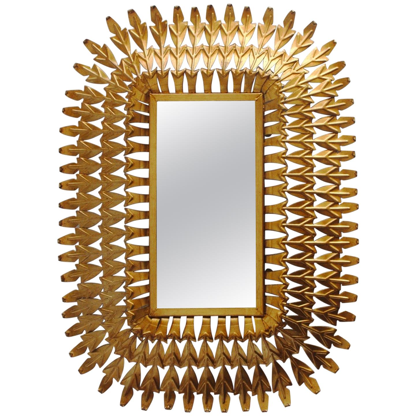 Midcentury Rectangular Gilt/Gold Leaf Sunburst Iron Wall Mirror, 1950s For Sale