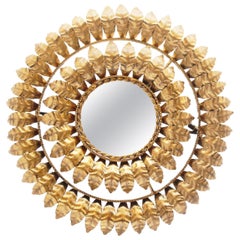 Midcentury Round Gilt/Gold Leaf Sunburst Iron Wall Mirror, 1950s