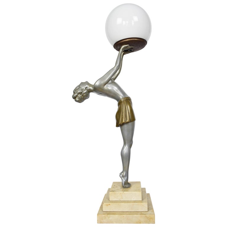 Art Deco Woman Holding Globe Table Lamp Signed by Balleste, Le Verrier Style For Sale at 1stdibs