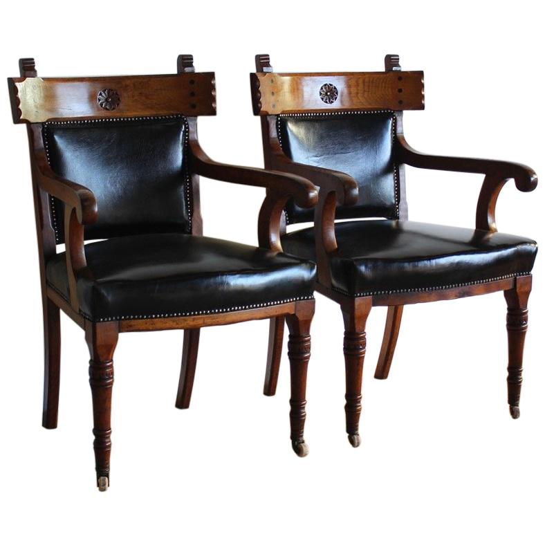 Pair of English Library Armchairs Reupholstered in Leather
