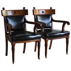 Antique Pair of English Library Armchairs Reupholstered in Leather