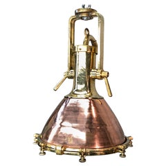 Midcentury German Copper, Brass and Glass Industrial Marine Pendant Light