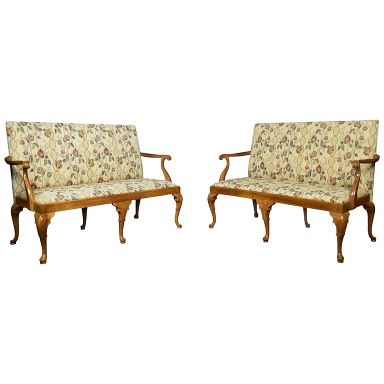Pair of Walnut Framed Queen Anne Style Settees For Sale at 1stdibs
