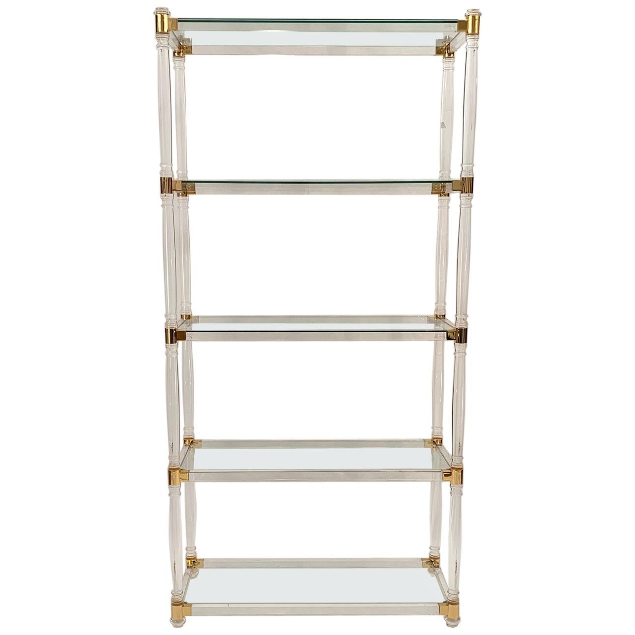 Brass and Lucite Shelves with Glass Top For Sale