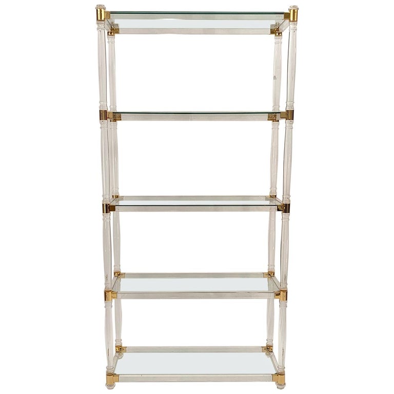 Brass and Lucite Shelves with Glass Top For Sale