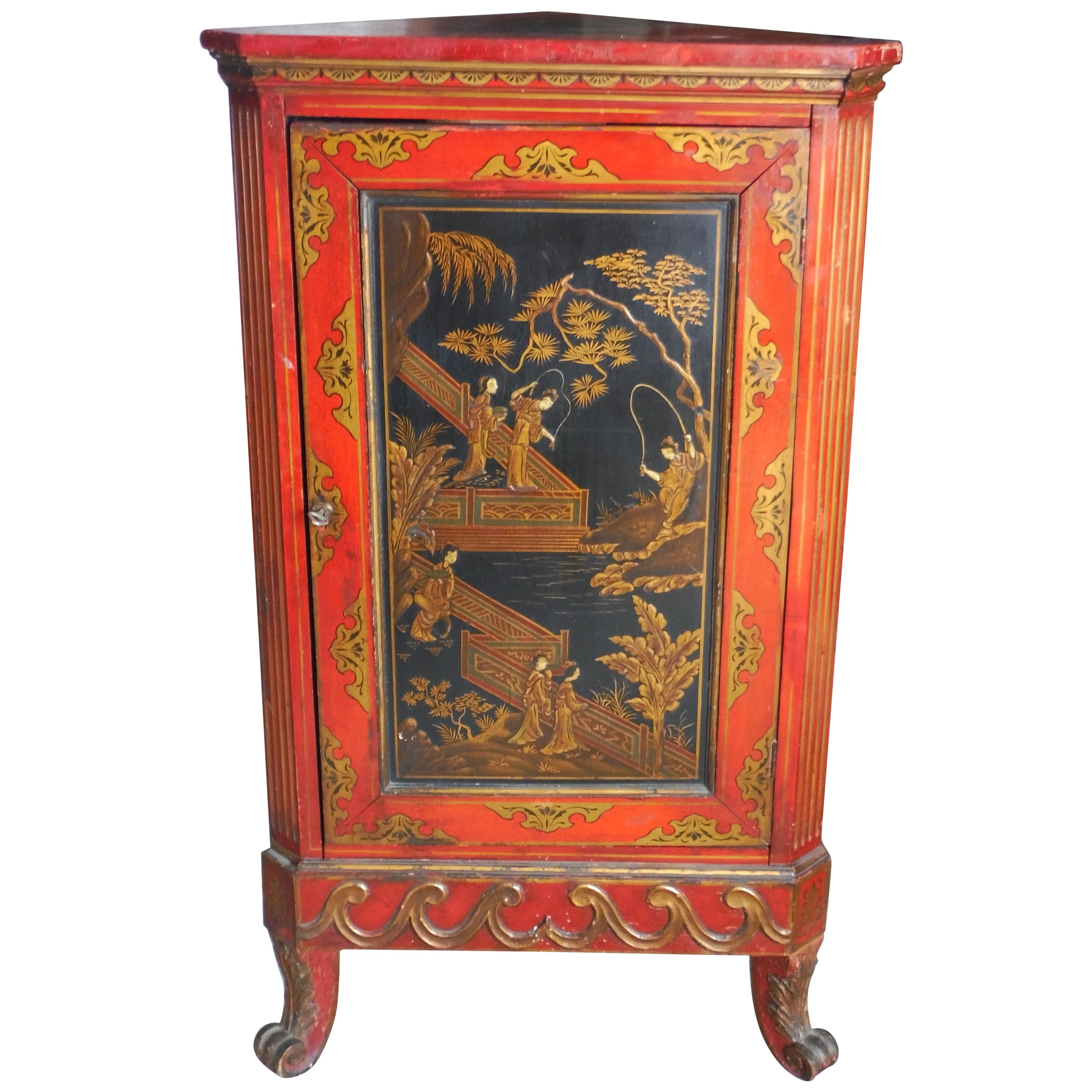 Red Lacquered Chinoiserie Corner Cabinet For Sale