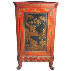 Vintage Red Lacquered Chinoiserie Corner Cabinet