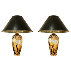 Pair of Large Italian Ceramic Lamps with Japanese Relief Designs