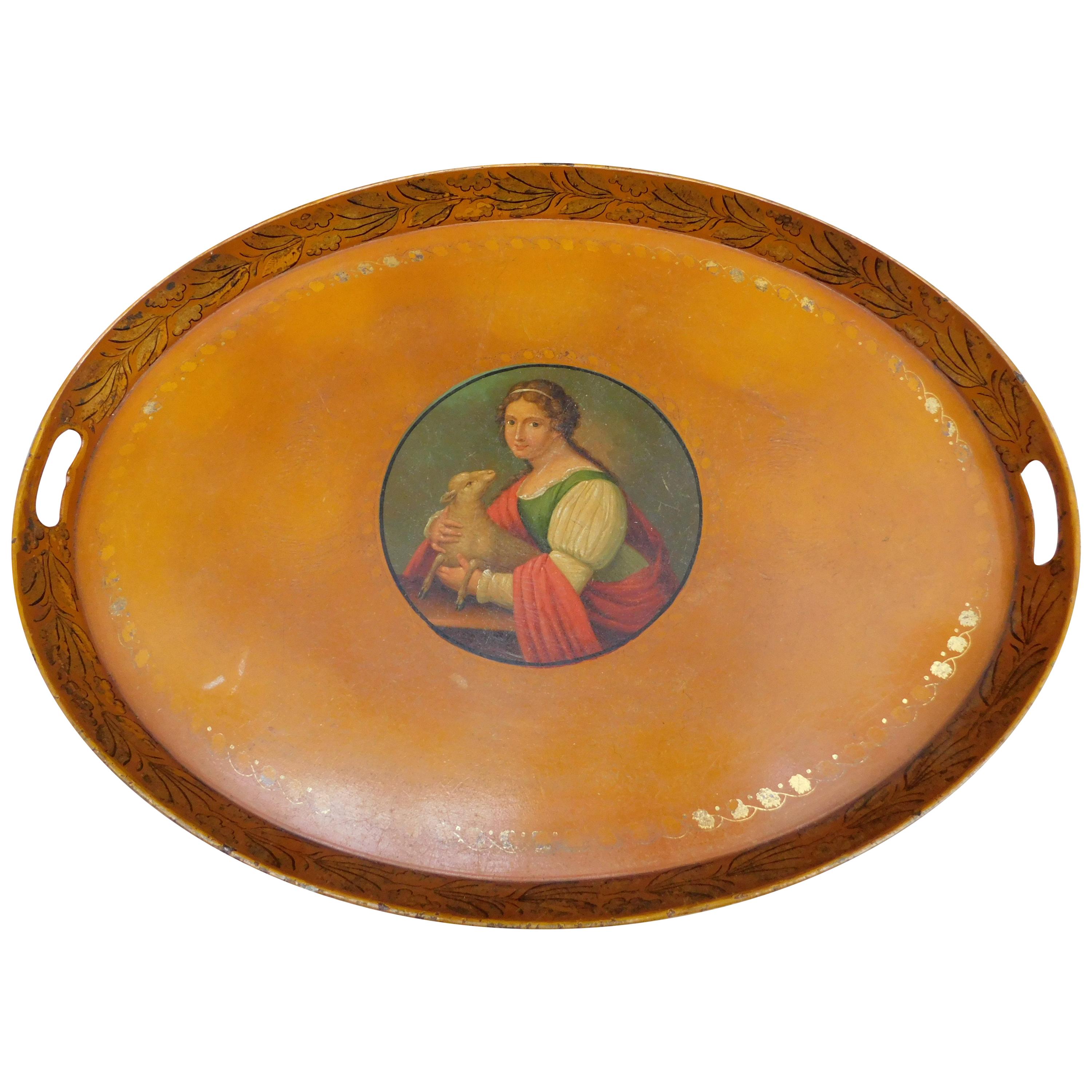 French Empire 1820 Yellow Tole Tray with Painted Portrait of a Woman and Lamb For Sale